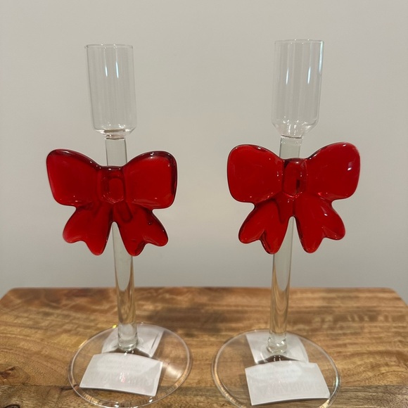 NEW Clear Glass Christmas Taper Candle Holder W/Red Bow by Holiday Time Walmart - Picture 1 of 3